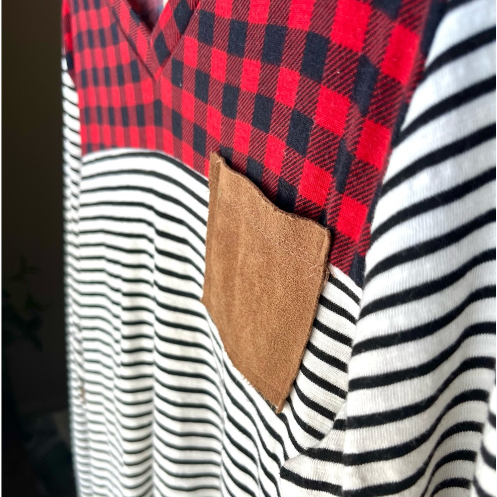 Cute wintery and woodsy plaid and striped long-sleeve shirt!